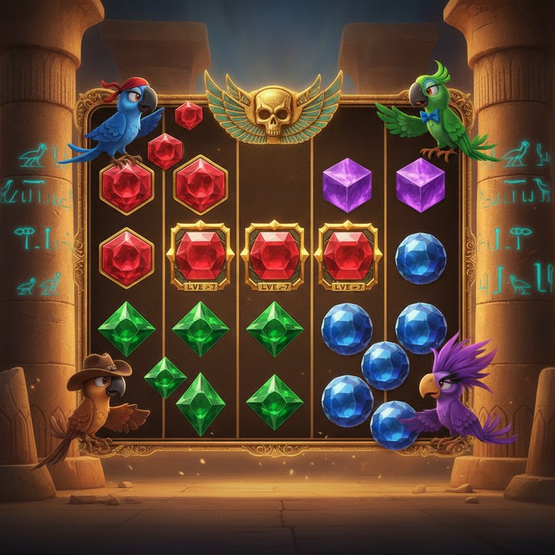 Pirots 5 slot game con quattro pappagalli pirati collezionisti - blu con bandana rossa, verde con papillon, marrone con cappello da cowboy, viola con criniera - su griglia di gioco con gemme rosse esagonali, viola cubiche, verdi a diamante, blu sferiche, in tempio egizio con geroglifici turchesi su pareti dorate